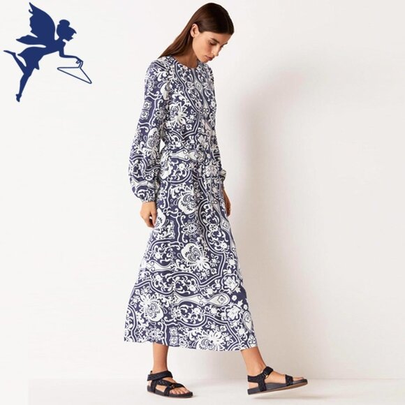 Boden Dresses & Skirts - BODEN Silk Blend Ornate Garden Long Sleeve Column Dress in Navy